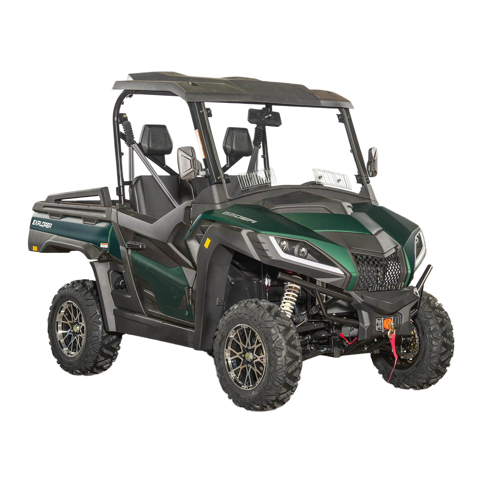 Green off-road UTV with rugged tires and open cab, designed for outdoor tools and home improvement tasks