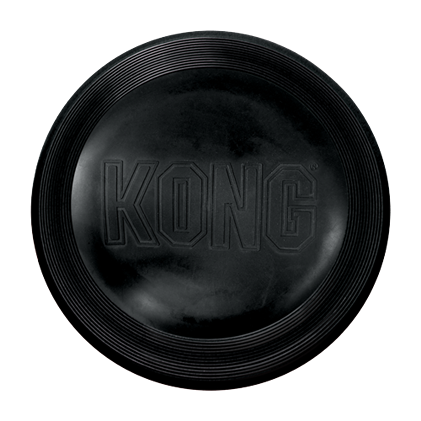 Black durable rubber dog frisbee with ribbed edge for chewing and fetch play in pet toys and supplies collection