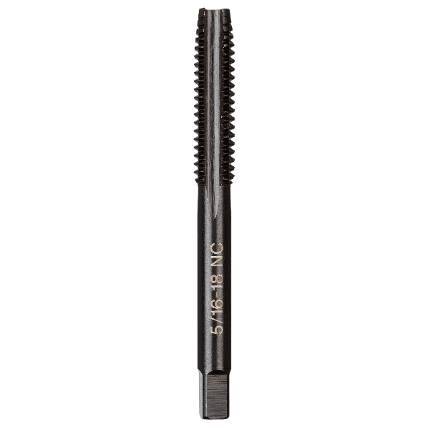 Black straight flute plug tap with laser-etched sizing for threading in tool accessories and home improvement collections