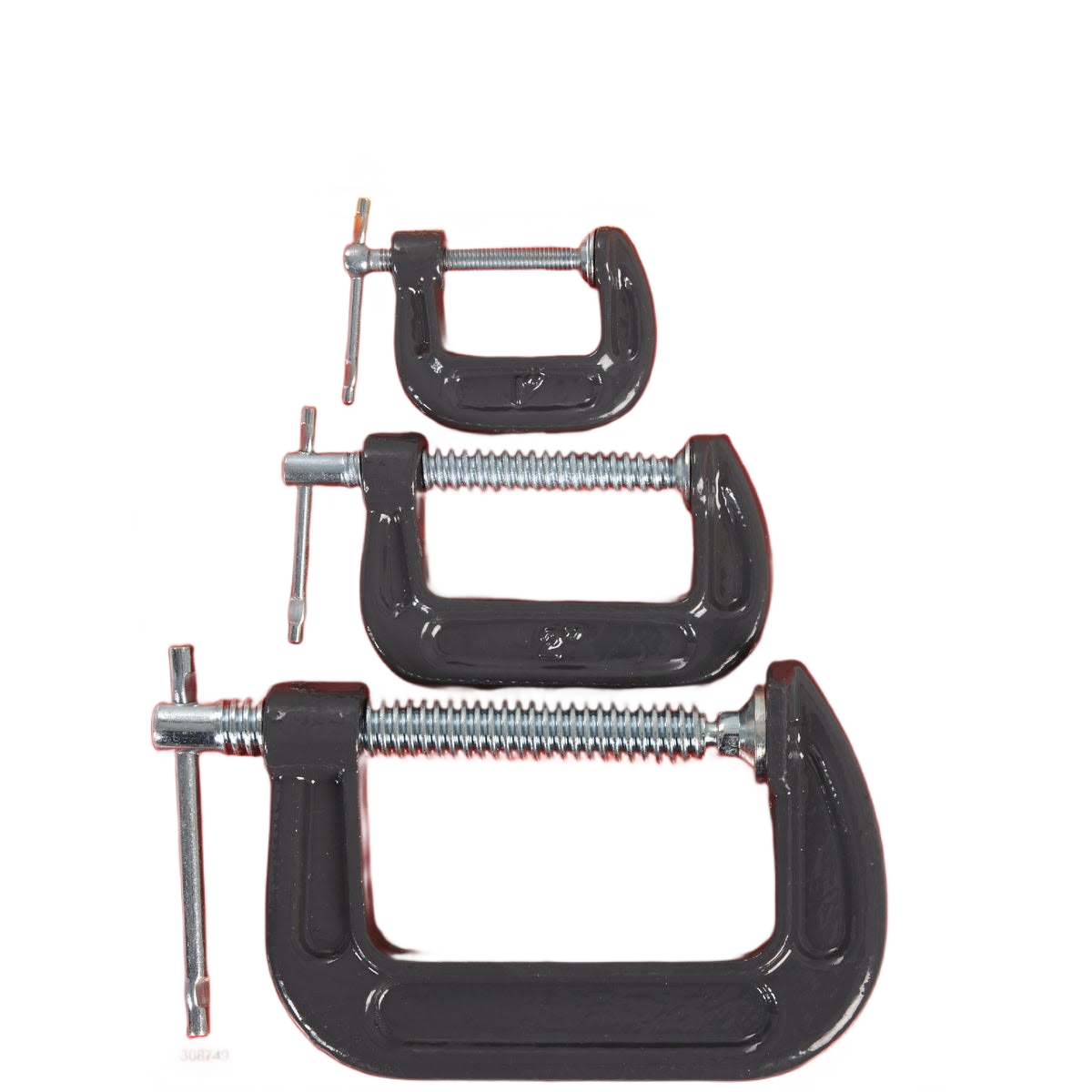 Set of three gray metal C-clamps with screw handles for securing materials in home improvement projects