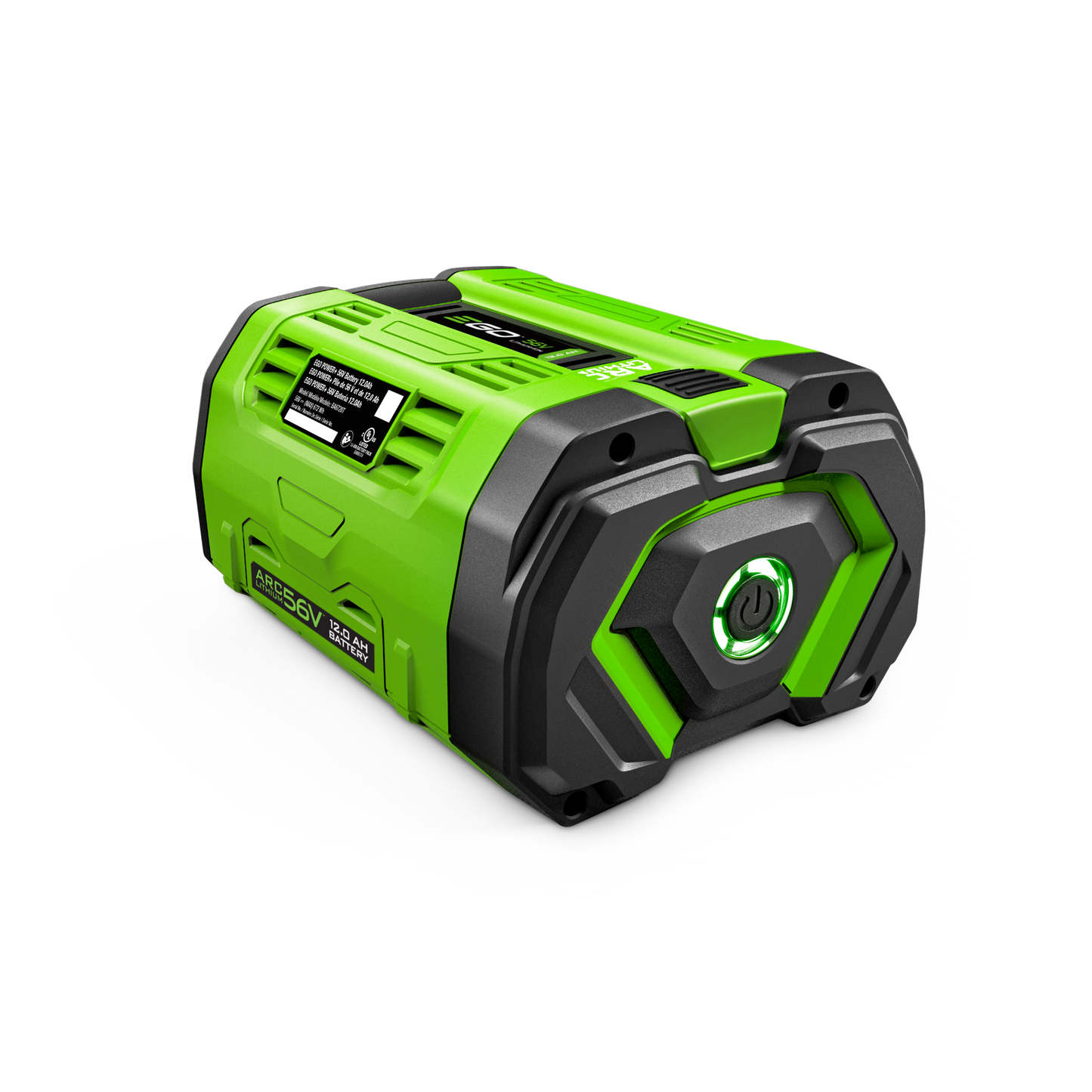 Green and black EGO Power+ 12.0Ah rechargeable battery with fuel gauge for portable power and tool accessories collections