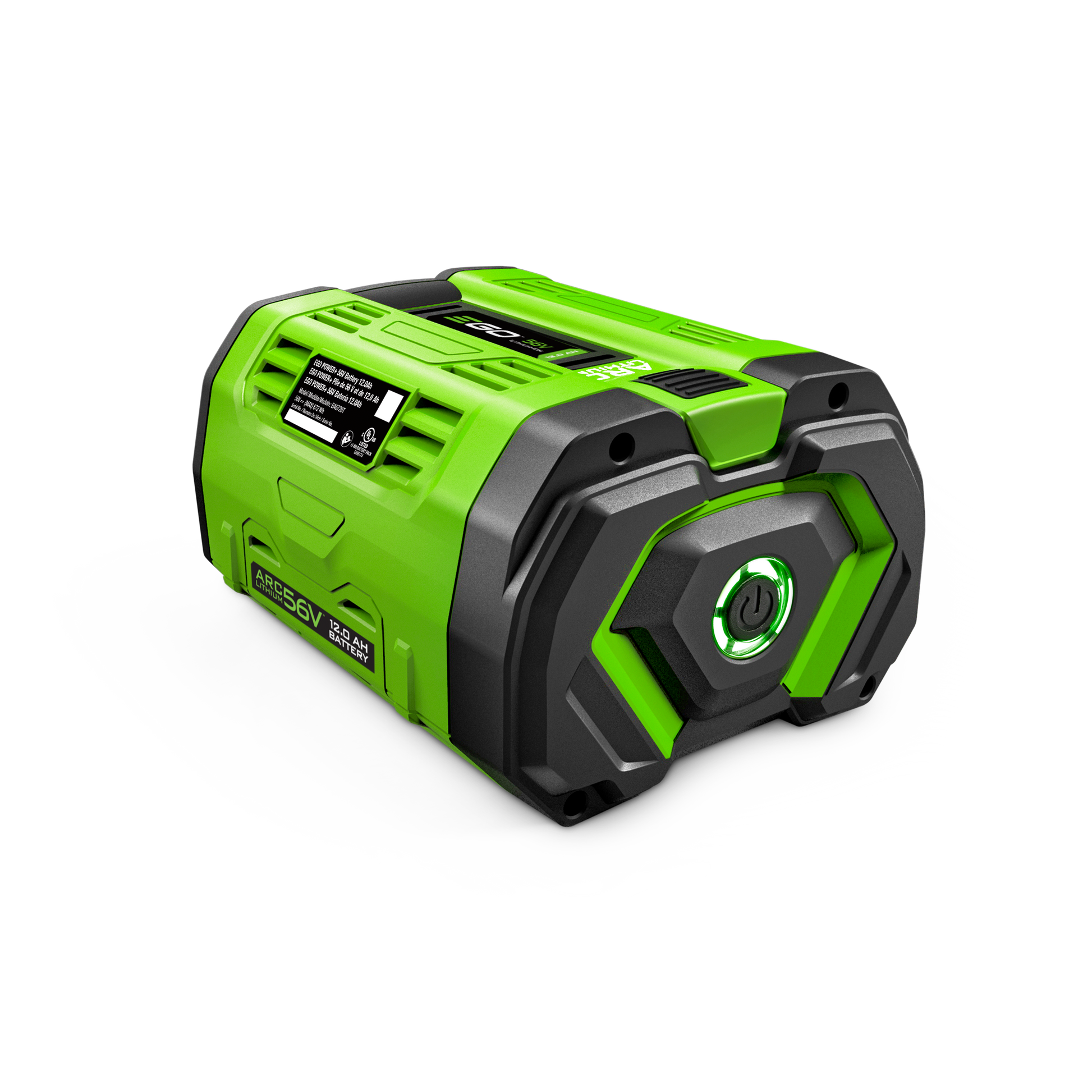 Green and black EGO Power+ 12.0Ah rechargeable battery with fuel gauge for portable power and tool accessories collections