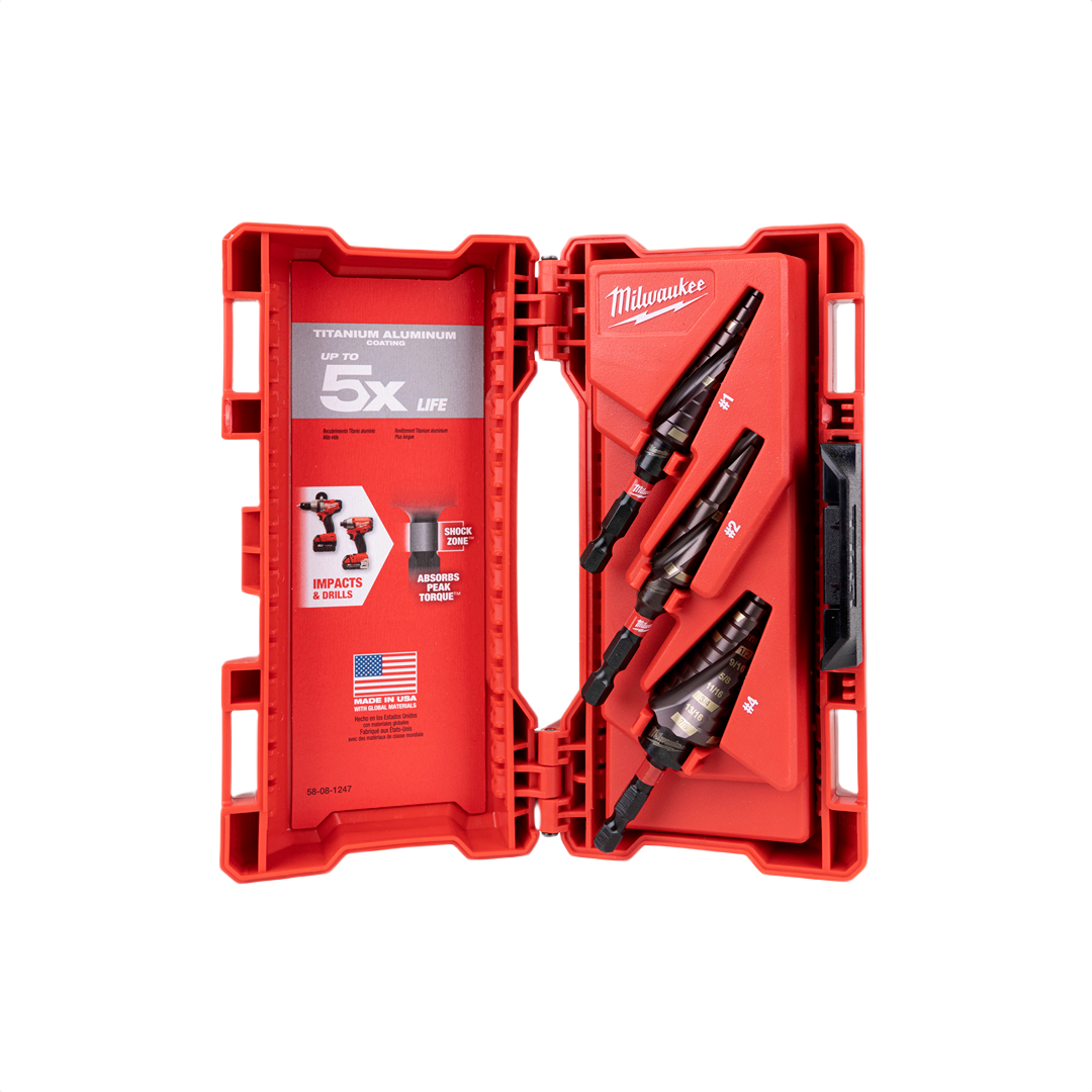 Milwaukee Impact Duty step drill bit set in red case, designed for durable hole drilling in power tool accessories collections