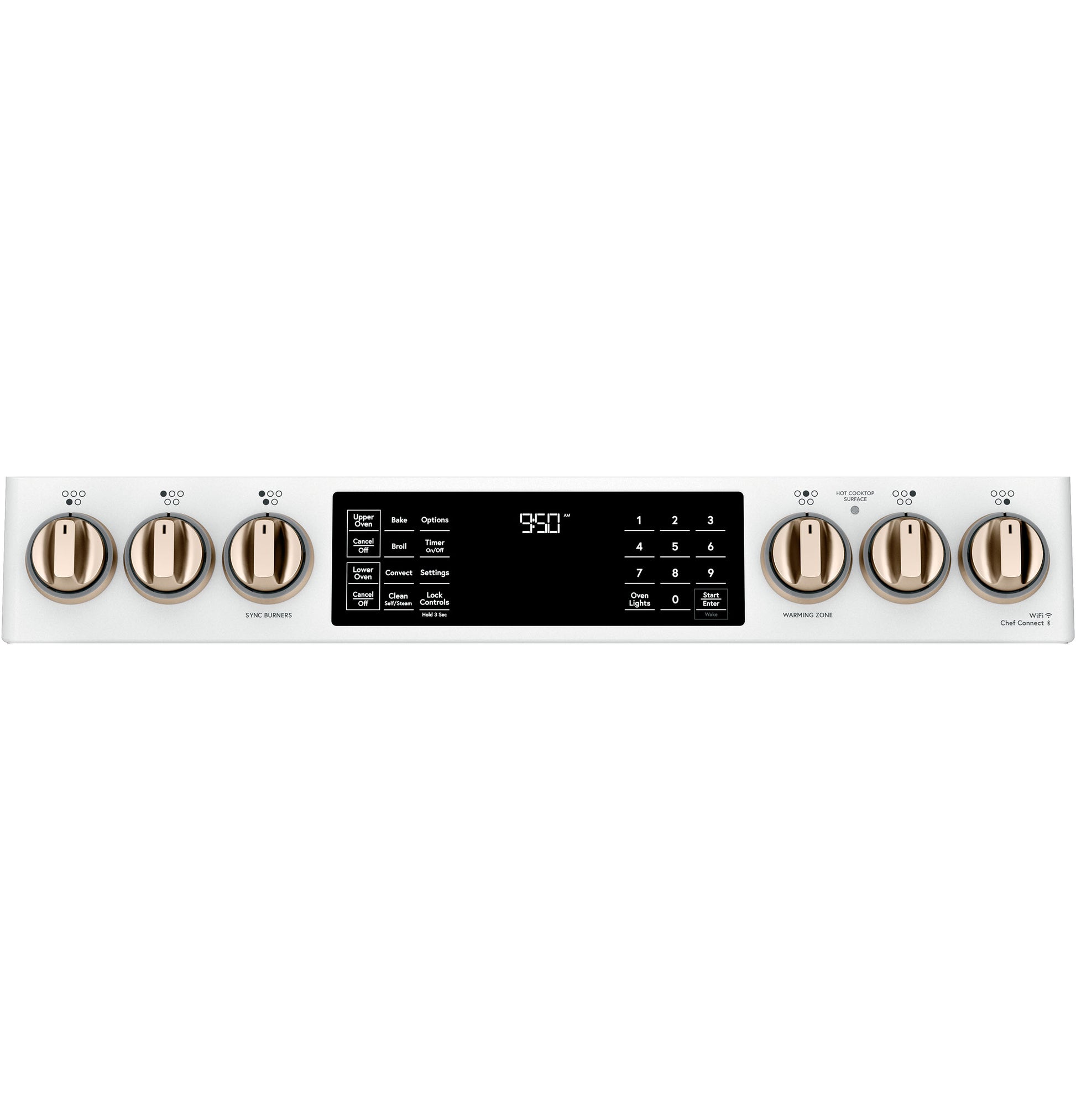 White control panel with bronze knobs and digital touchscreen display for smart front-control kitchen range collection