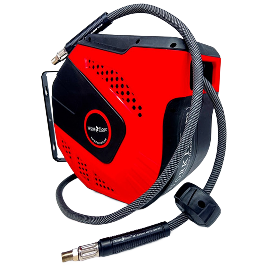 Red and black self retracting air hose reel with 3/8 inch hose for air tools and accessories in home improvement collections