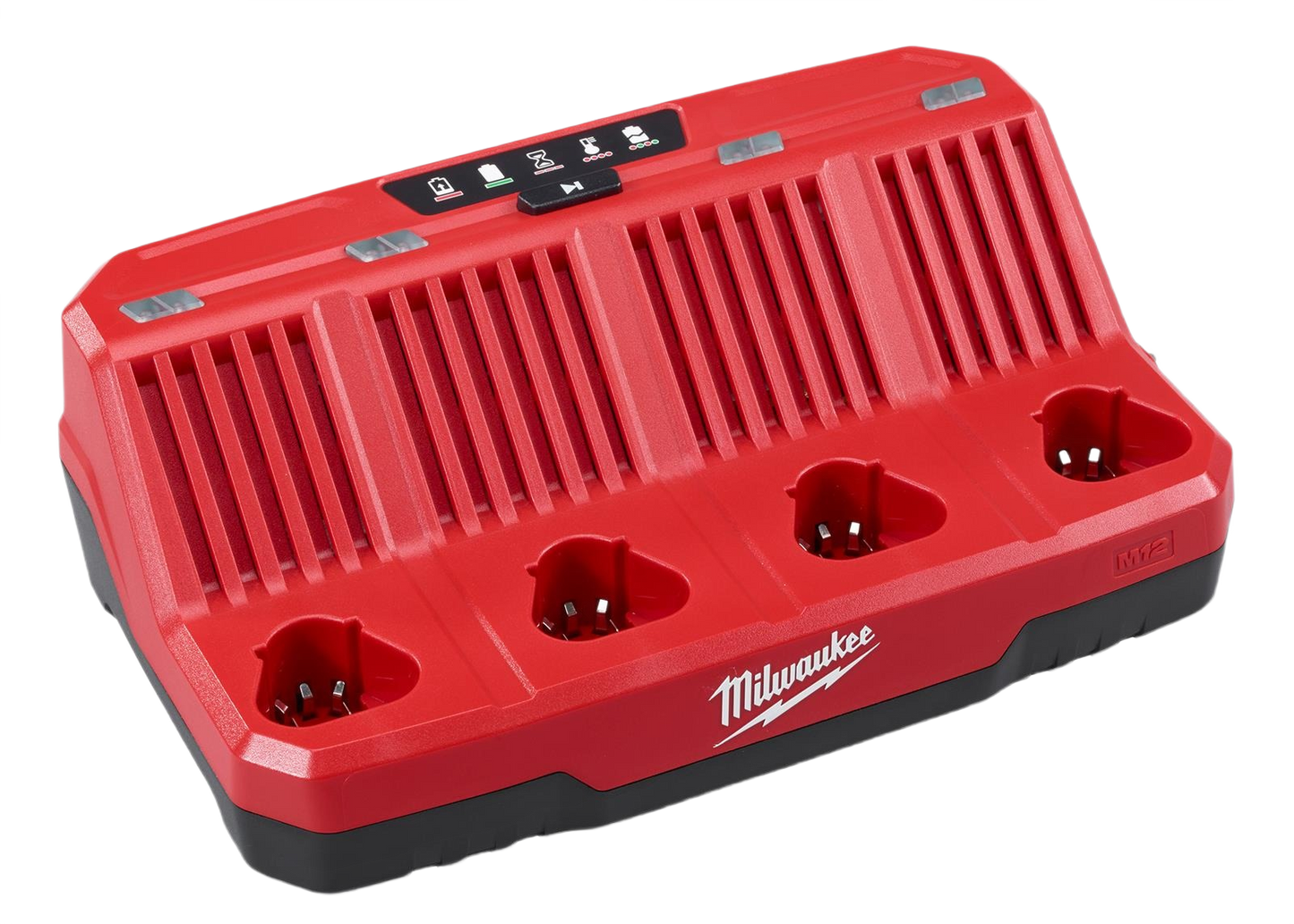 Compact red four-slot battery charger for power tool batteries in tool accessories and charging systems collections