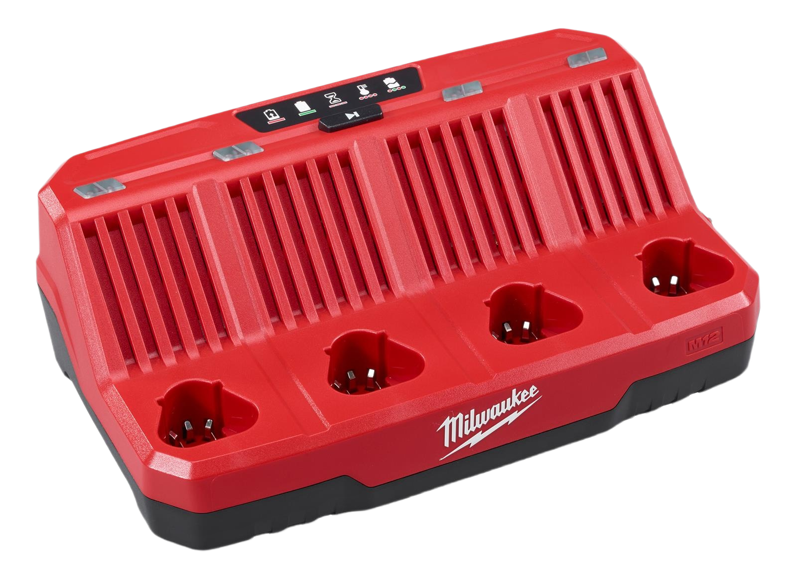Compact red four-slot battery charger for power tool batteries in tool accessories and charging systems collections