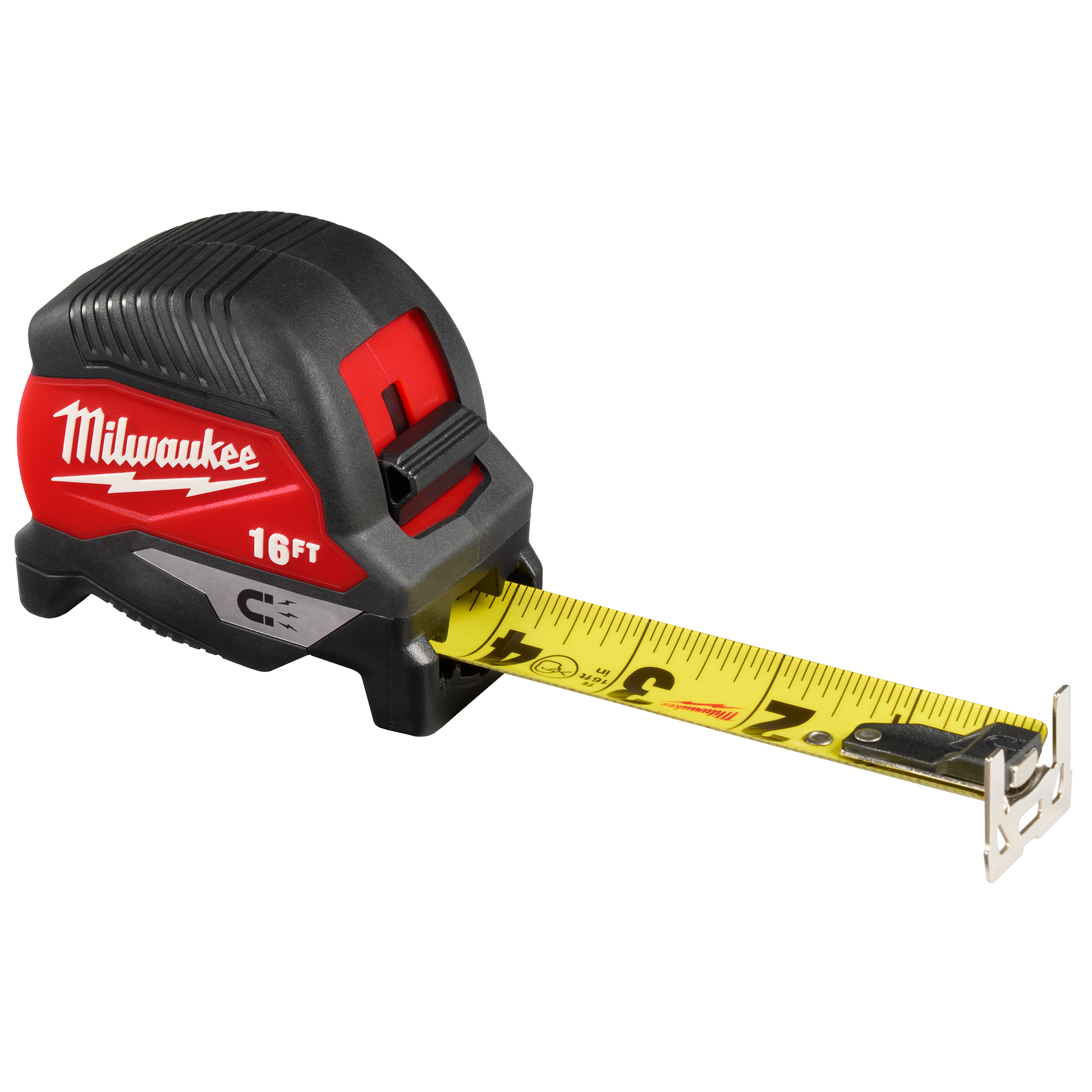 Compact magnetic tape measure with wide yellow blade and durable red and black casing for home improvement and tool use