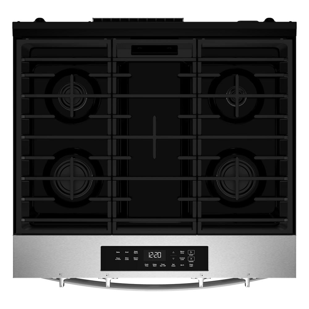 Top view of a stainless steel 30-inch gas range with four burners, digital control panel, and continuous cast iron grates, featured in ranges, gas ranges, kitchenware, and appliances collections.
