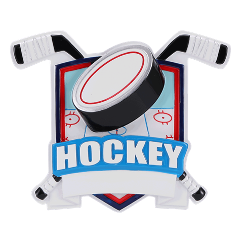 Hockey shield ornament with crossed sticks, puck, and rink design for Christmas tree decorations under $50 collection