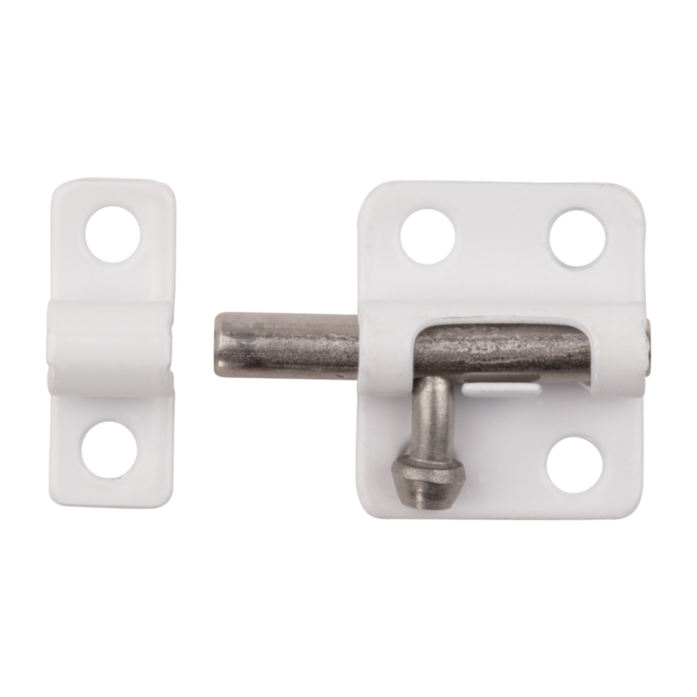 White 2-inch cellar window barrel bolt made of cold rolled steel for door and gate hardware projects