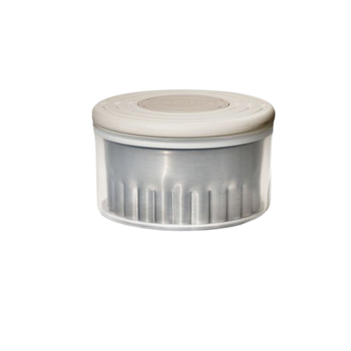 Round stainless steel cookie cutter set with clear plastic storage container and white lid for baking projects