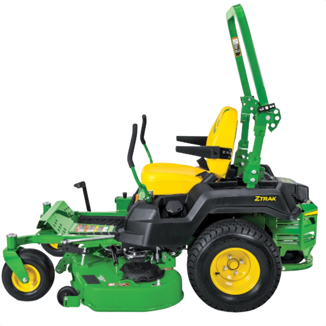 Side profile of green and yellow zero-turn mower with 60-inch deck for efficient lawn care and home improvement tasks