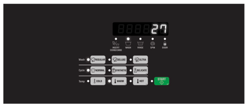 Digital control panel with wash, cycle, and temperature settings plus start button on front load washer panel from Appliances collection