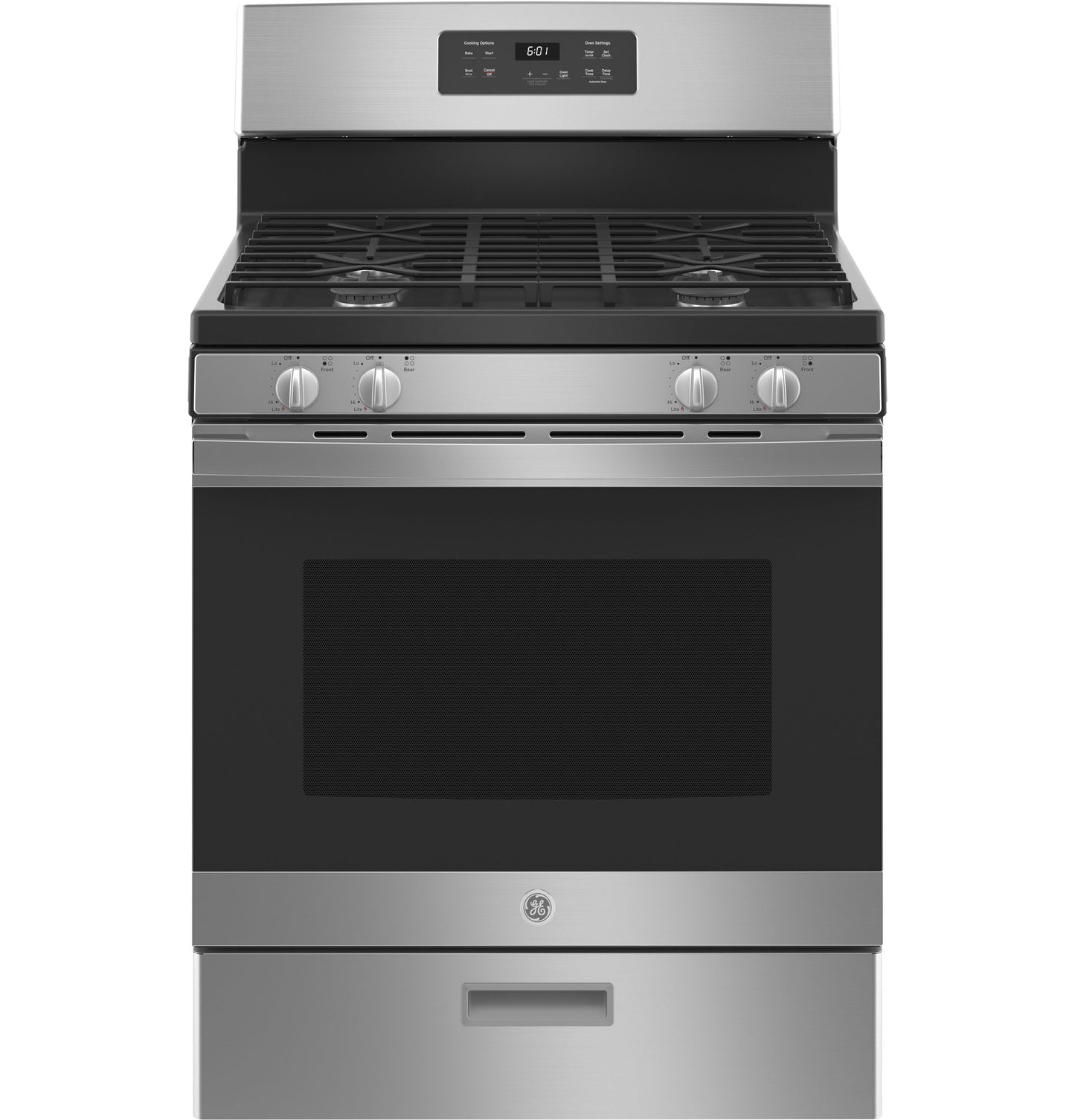 Stainless steel free-standing gas range with digital control panel and four burners from kitchen appliances collection