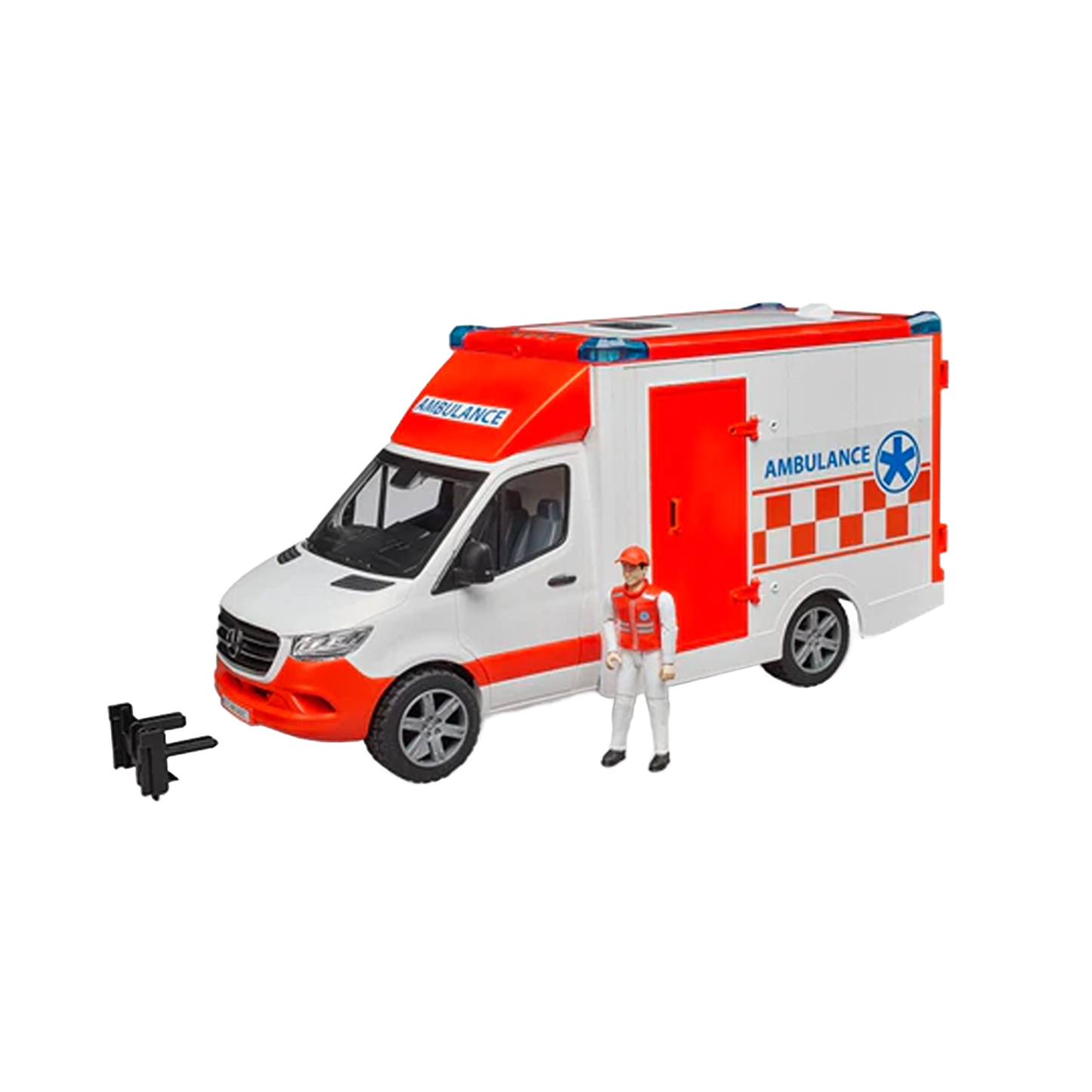 White and red Bruder MB Sprinter ambulance toy with driver figure and stretcher in Vehicles & Remote Controlled Toys collection