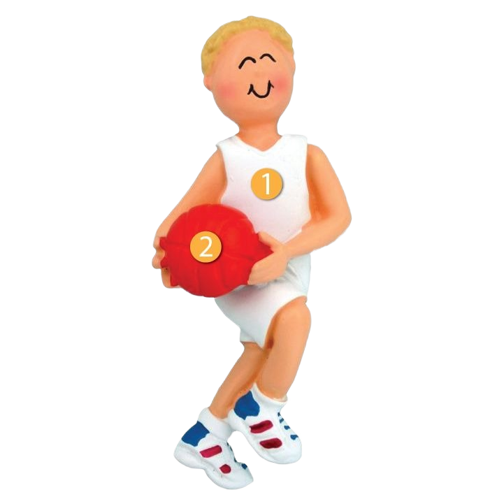 Blonde male basketball player figurine holding ball in white uniform for Christmas Ornaments & Tree Decorations collection
