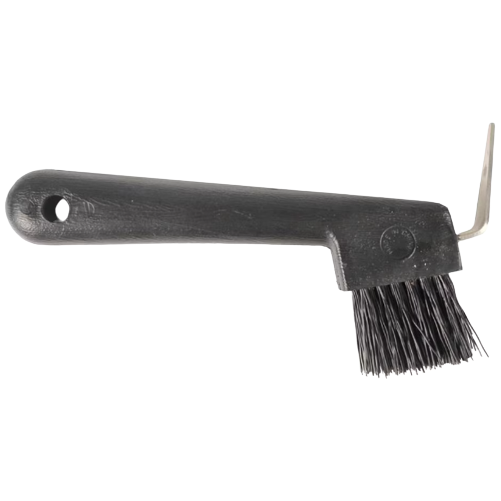 Black plastic handle hoof pick with stiff brush for grooming and cleaning in equine care and home improvement tools