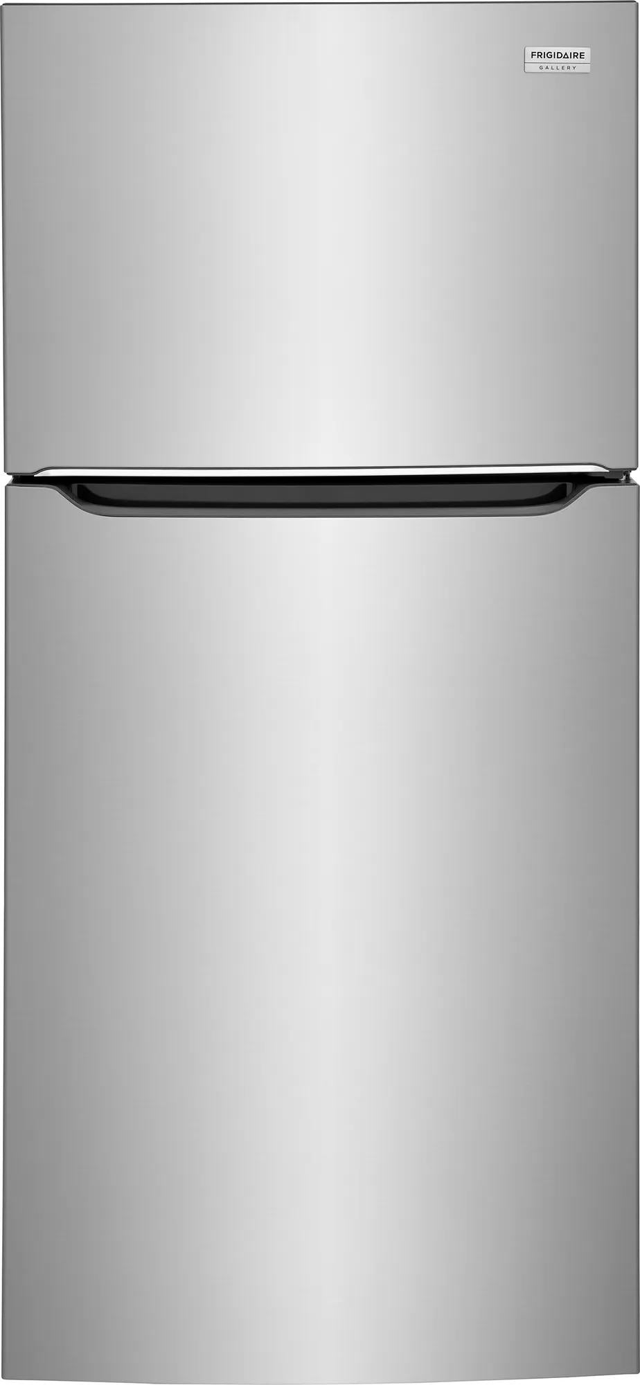 Front view of a stainless steel garage-ready top freezer refrigerator from kitchen and appliances collection