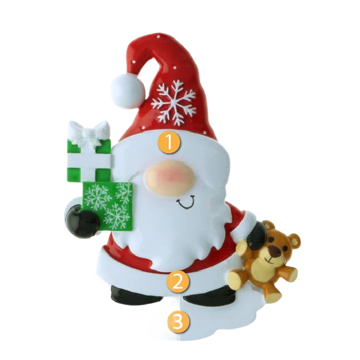 Cheerful gnome ornament in red hat holding green gifts and teddy bear for Christmas Ornaments & Tree Decorations collection