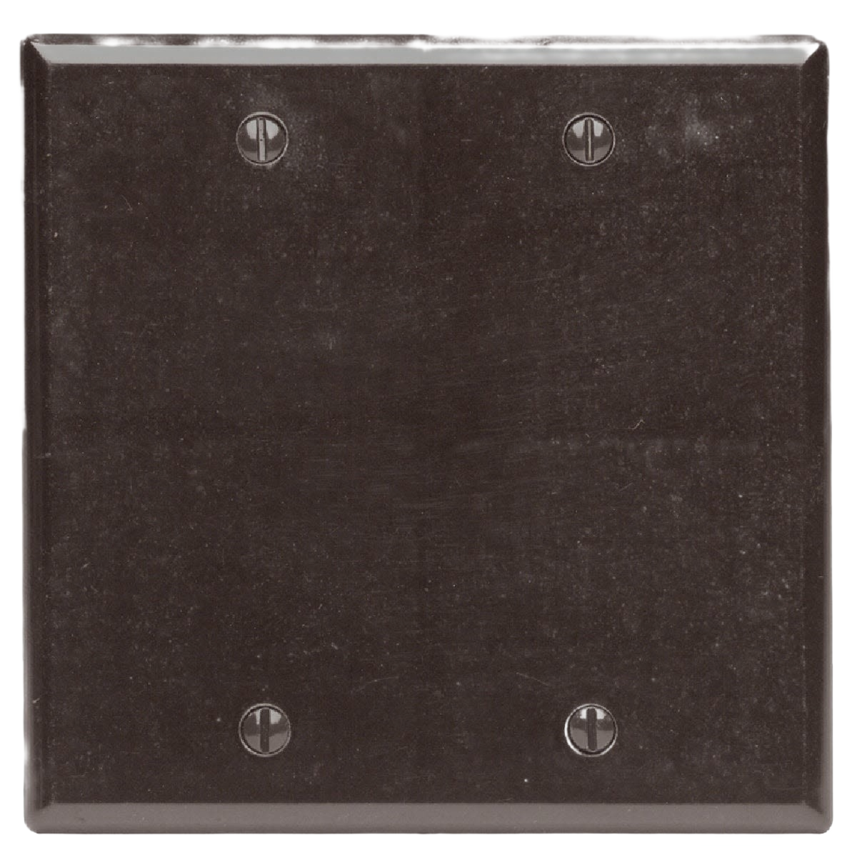 Brown thermoset blank 2-gang wall plate with four screw holes for home improvement installations.