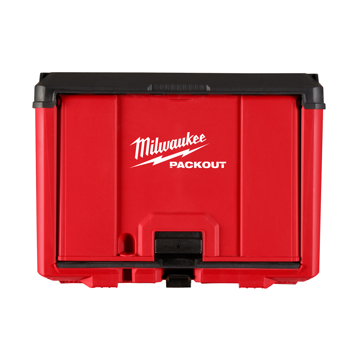 Red Milwaukee PACKOUT storage cabinet made from durable impact-resistant polymer for tool organization and workshop storage