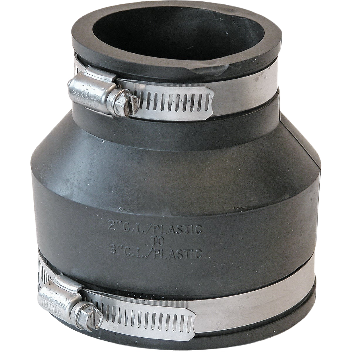Black flexible PVC coupling with metal clamps for plumbing connections in drain and vent pipe systems under $50