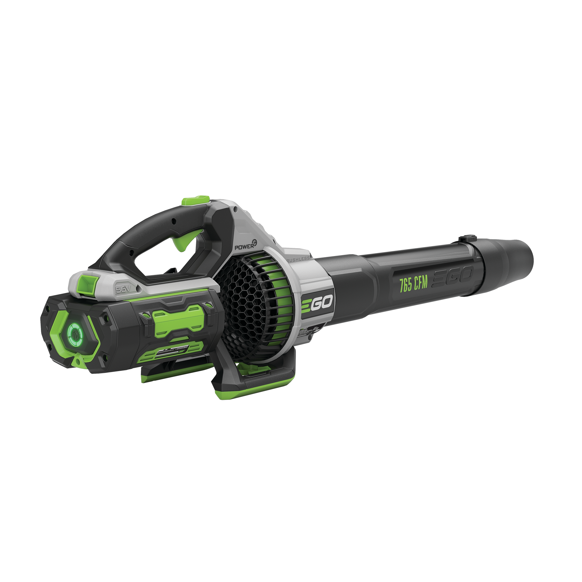 Black and gray cordless leaf blower with green accents, battery, and charger from EGO outdoor power equipment collection