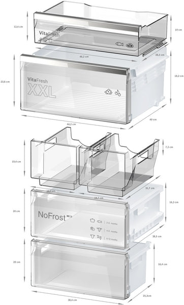 Transparent refrigerator food storage drawers with various compartments, designed for kitchen appliances and refrigerators collection