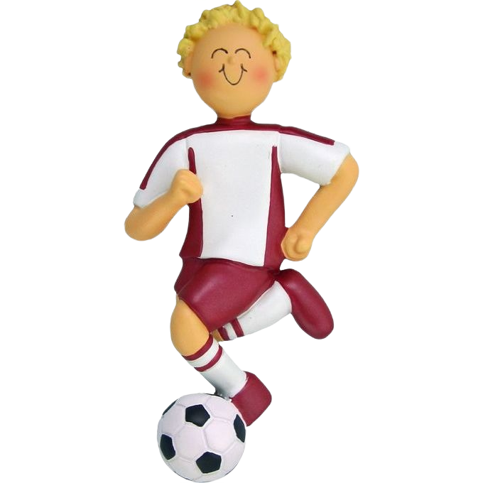 Blonde boy in red and white soccer uniform kicking ball ornament for Christmas Ornaments & Tree Decorations under $50 collection
