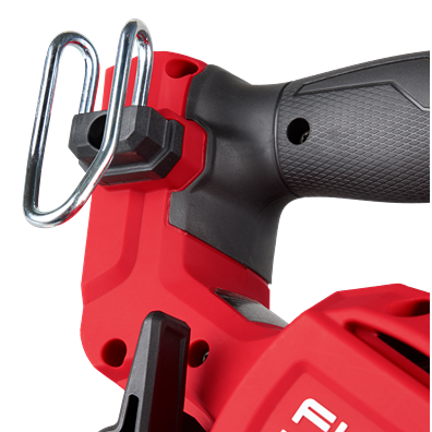 Red and black cordless circular saw handle with textured grip and metal belt hook for tools and home improvement use
