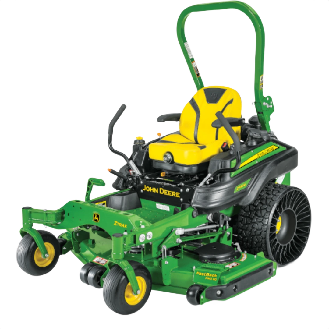Green and yellow zero-turn lawn mower with durable Tweel rear tires for efficient home improvement tasks