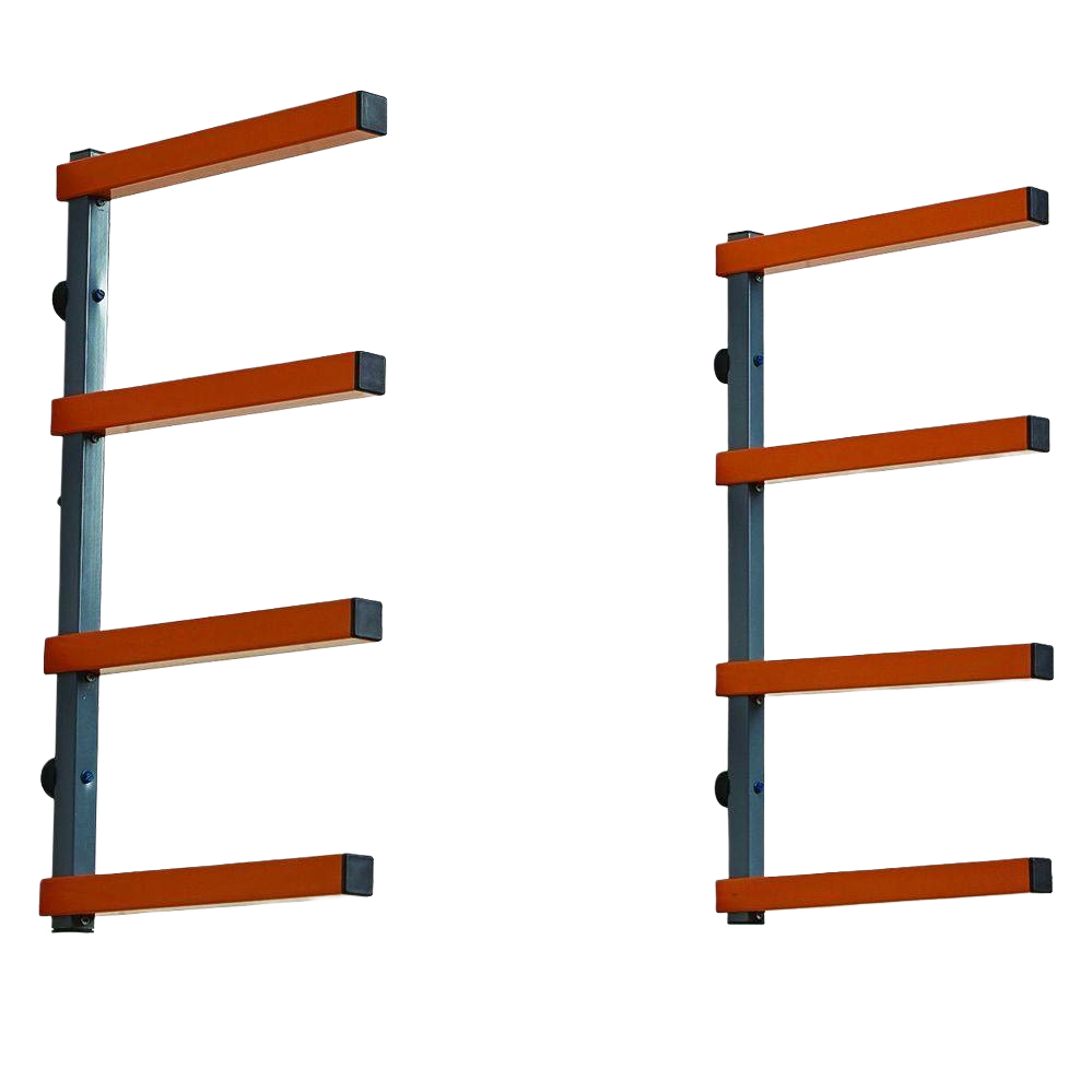 Set of two heavy-duty metal arms with orange supports designed for lumber storage in home improvement projects