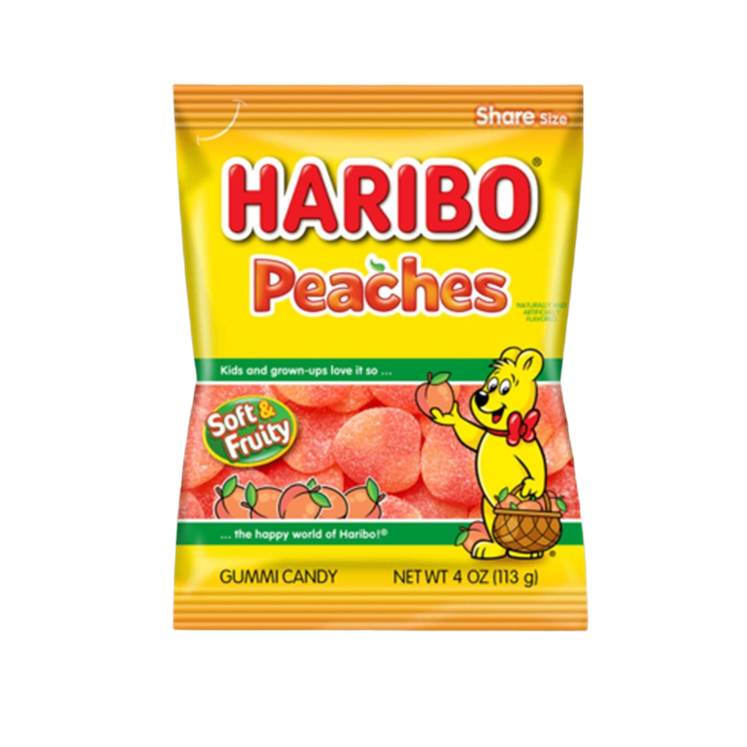 Yellow bag of Haribo gummy peach candies with a cartoon bear holding peaches and soft, sugary treats inside