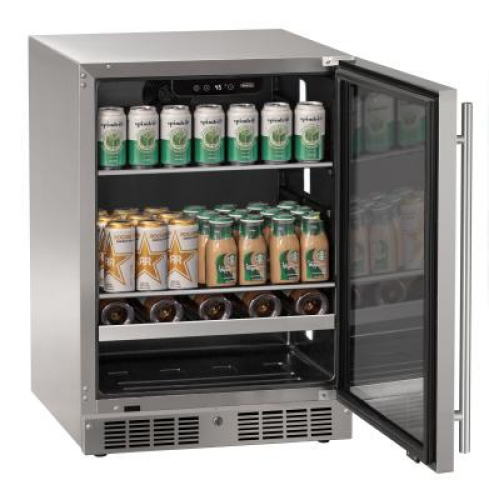 24 inch stainless steel beverage center with glass door displaying organized cans and bottled drinks in kitchen appliances collection