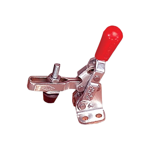 Metal vertical toggle clamp with red handle designed for secure holding in home improvement and tool projects