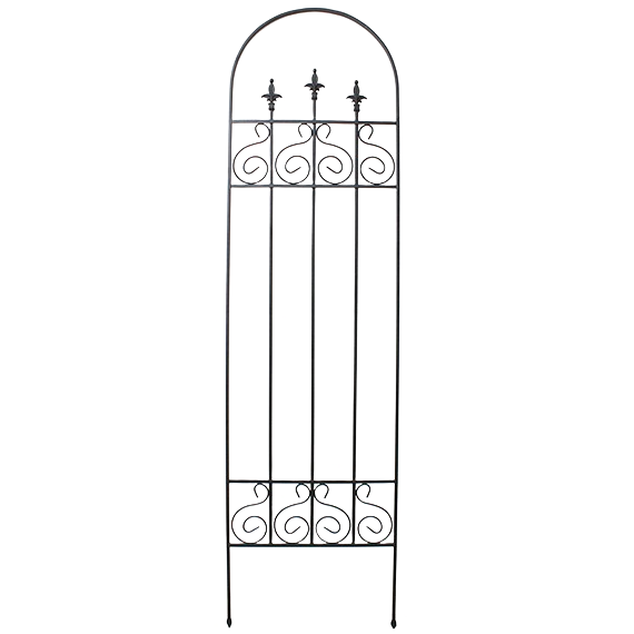 Black metal garden trellis with decorative fleur-de-lis and scrollwork design for outdoor home improvement use