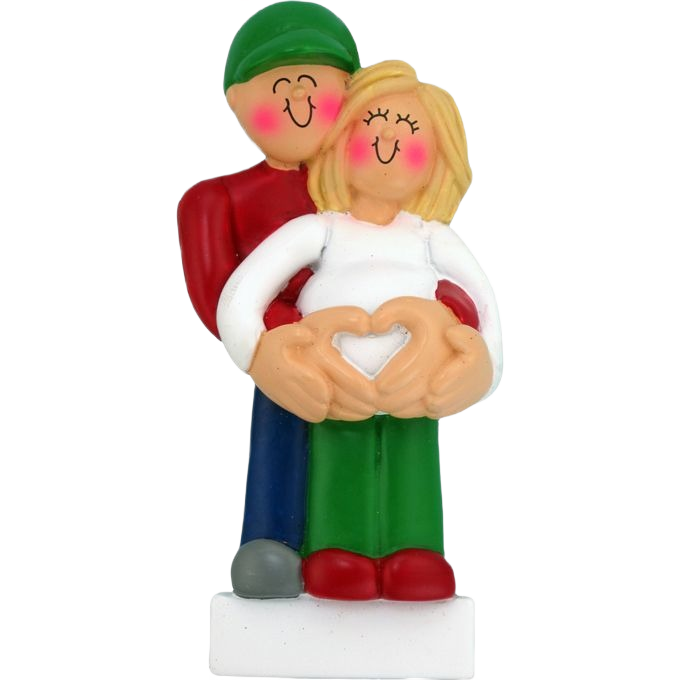Figurine ornament of smiling couple with blonde woman and man in green hat forming heart on belly from Christmas collection