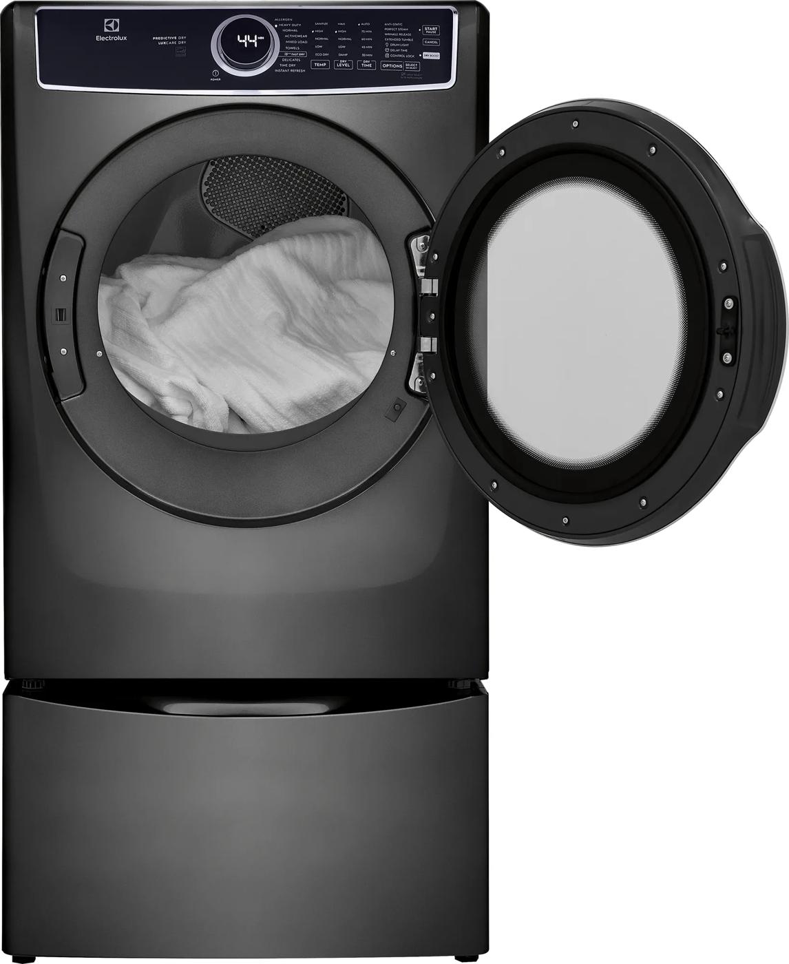 Dark gray front load electric dryer from Dryers collection with open door, digital display, and white fabric inside at Hartville Hardware
