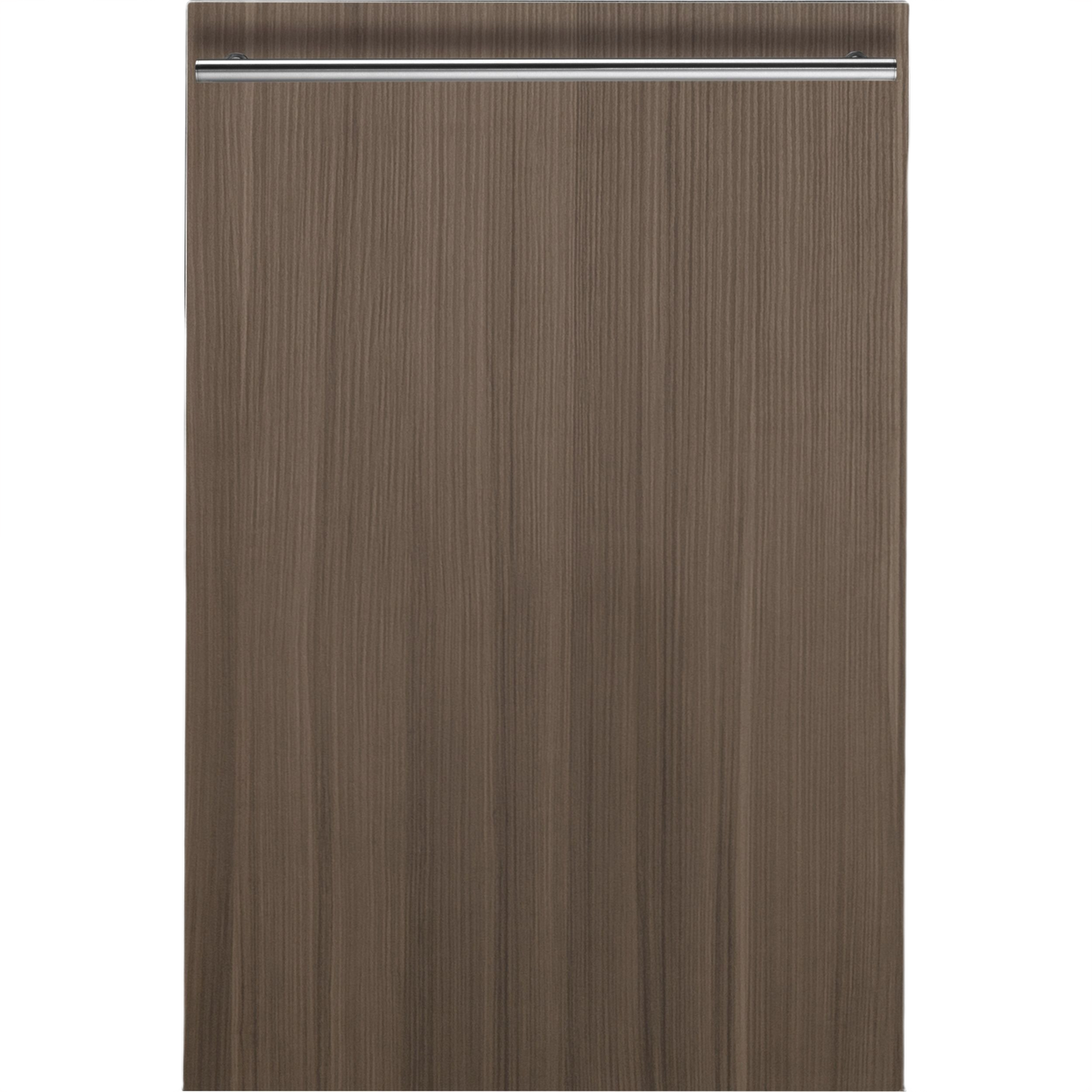 Built-in 18" panel-ready dishwasher with wood finish front and sleek stainless steel handle in kitchen appliances section