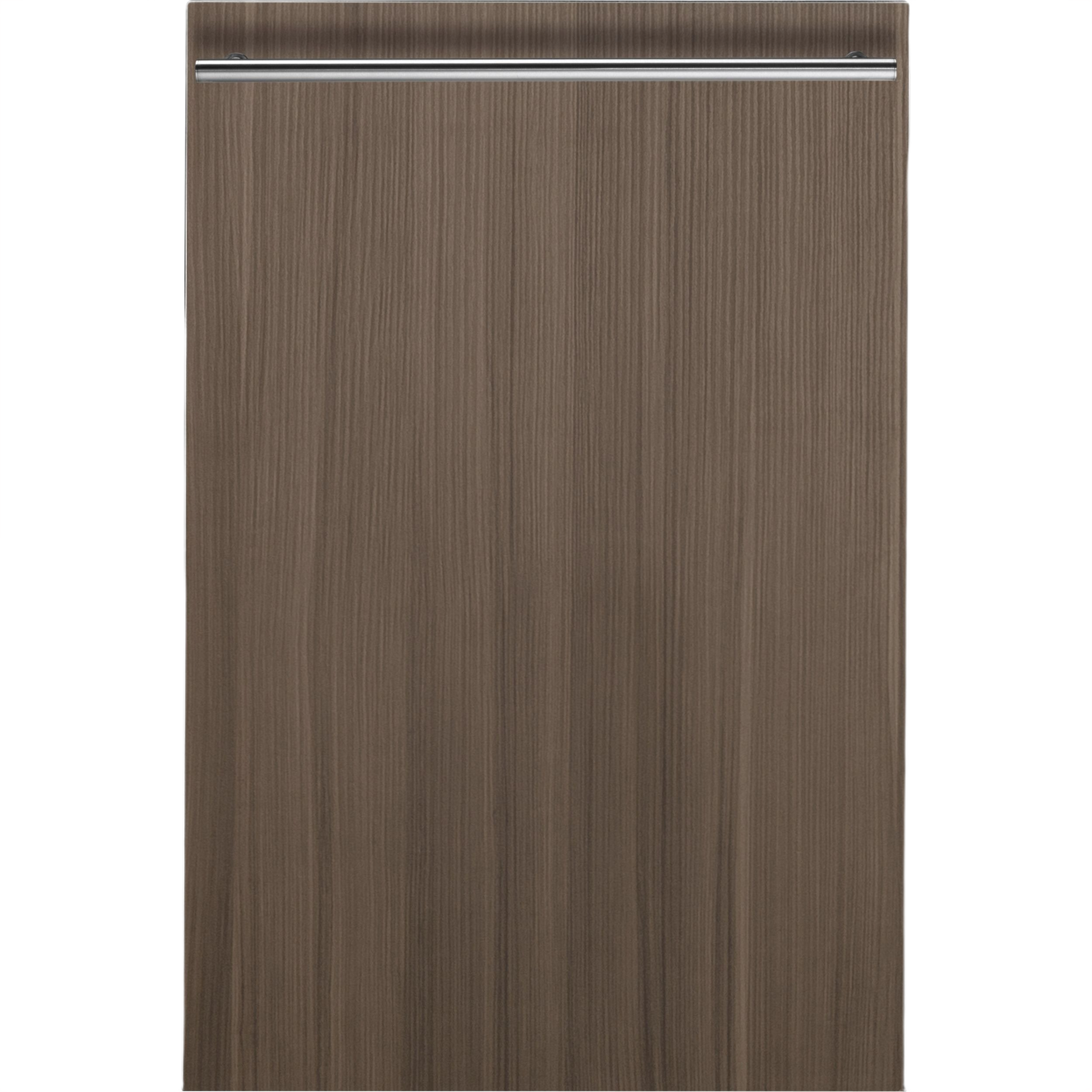 Built-in 18" panel-ready dishwasher with wood finish front and sleek stainless steel handle in kitchen appliances section