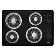 Glossy black electric cooktop with two 8-inch and two 6-inch coil burners, featuring infinite heat control knobs, part of Cooktops and Kitchen & Kitchenware collections.