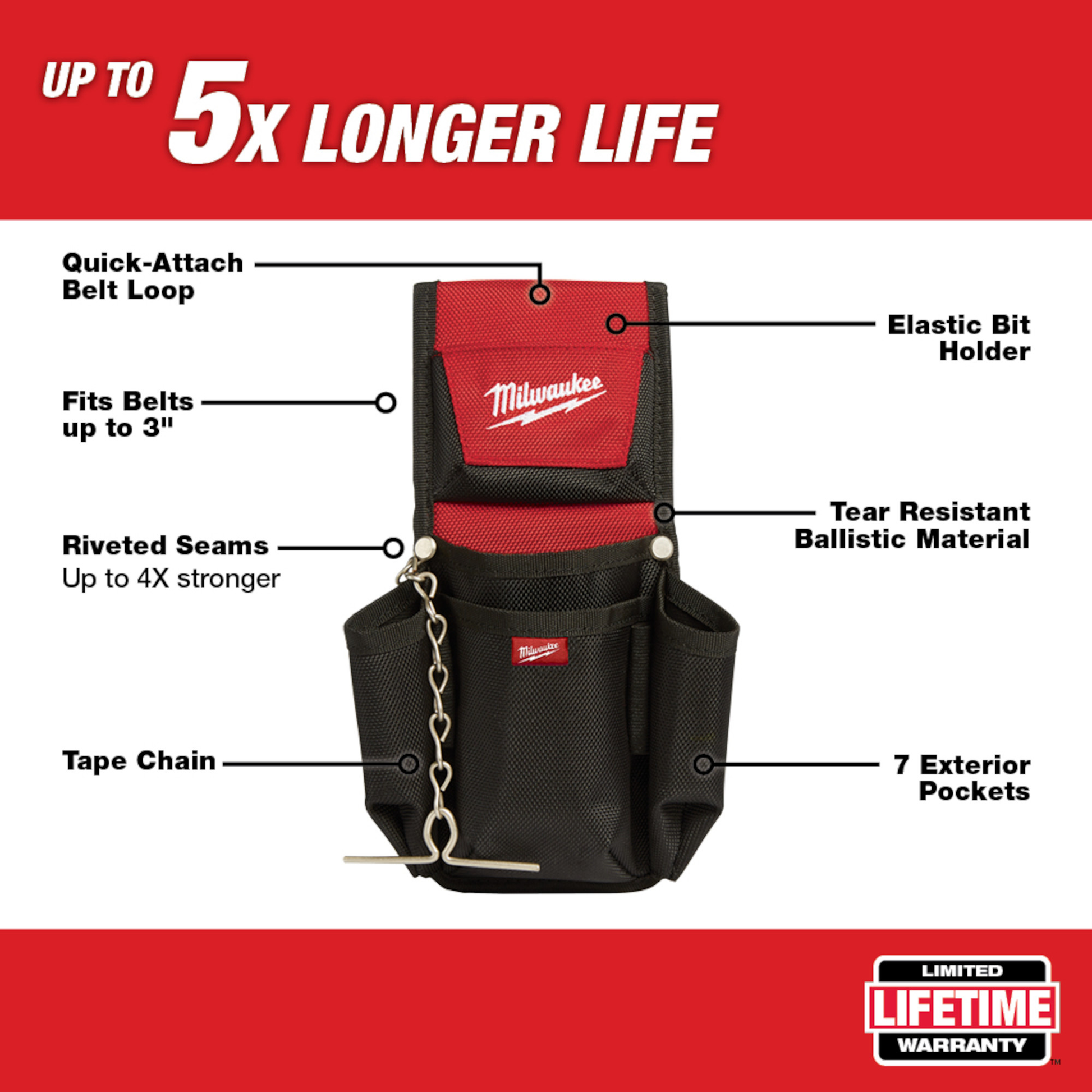 Red and black compact utility pouch with multiple exterior pockets, tape chain, and reinforced seams for tools and home improvement use