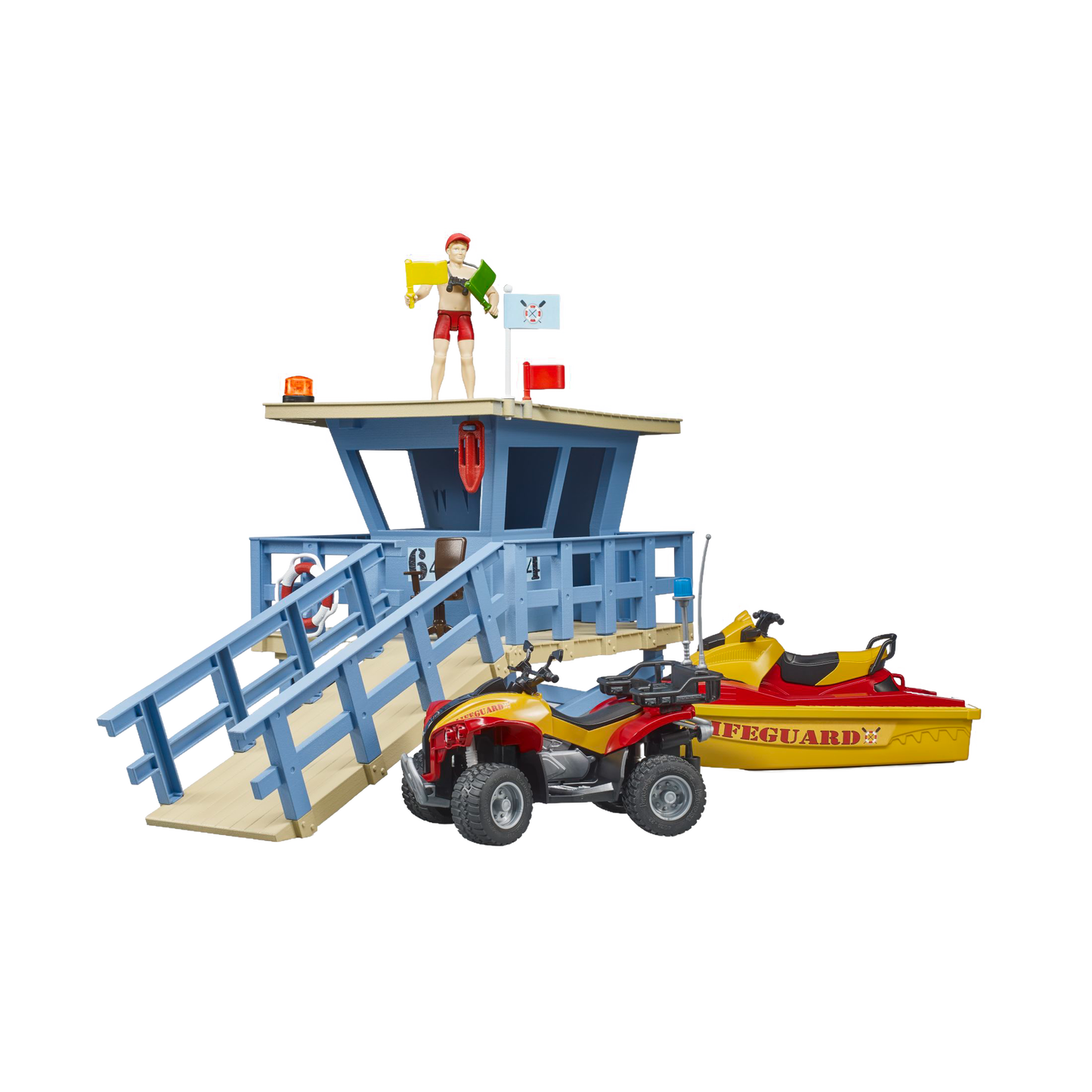 Blue lifeguard station toy with ramp, lifeguard figure, red quad, and yellow watercraft from Bruder Toys collection