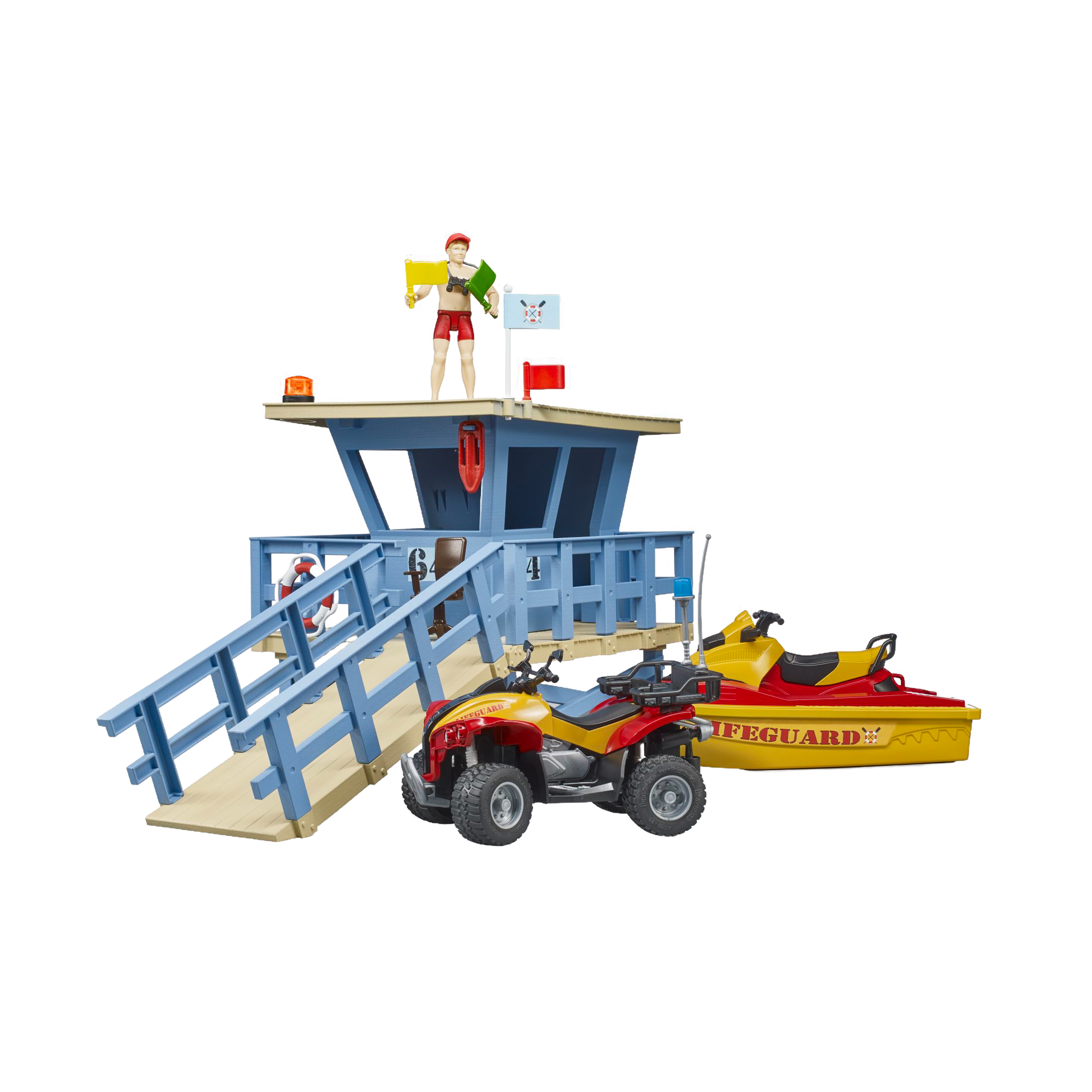 Blue lifeguard station toy with ramp, lifeguard figure, red quad, and yellow watercraft from Bruder Toys collection