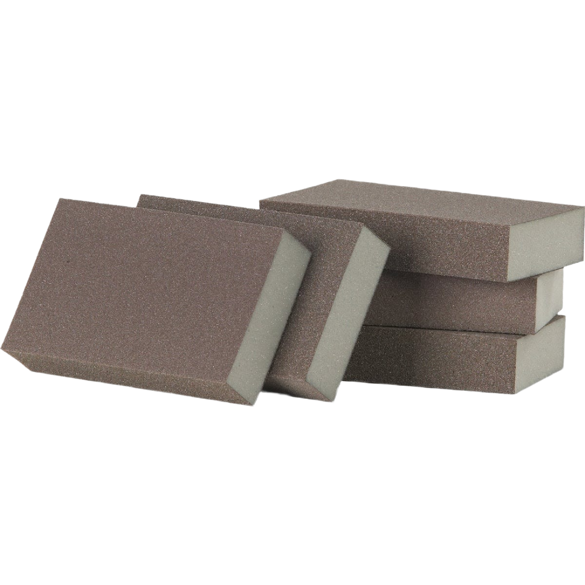 Set of five jumbo fine and medium grit sanding sponges for versatile use on wood, metal, plastic, and drywall surfaces