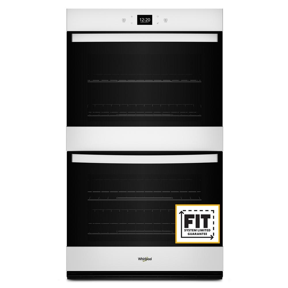 White stainless steel double wall oven with touchscreen display and two spacious cooking compartments from appliances collection