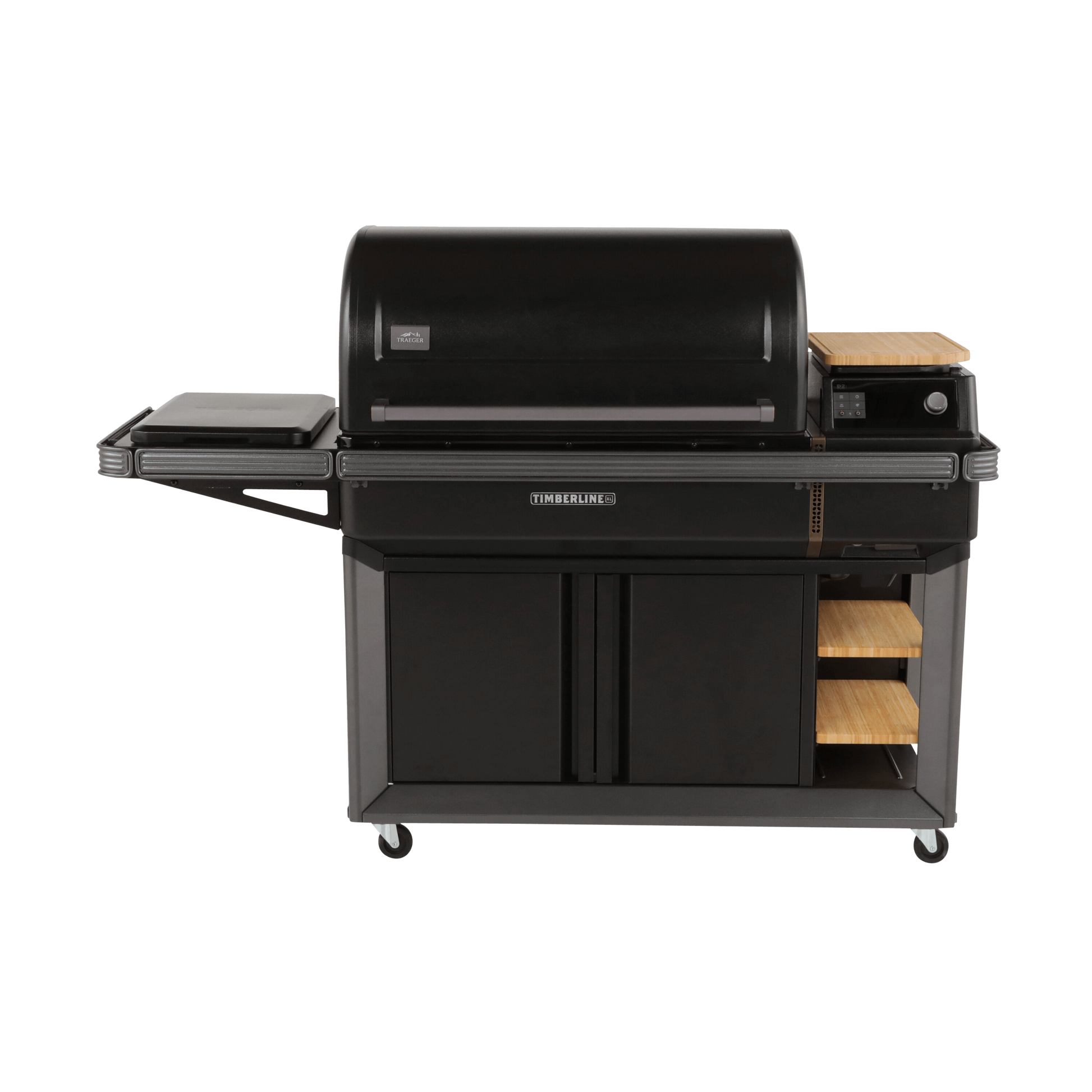 Black pellet grill with digital controller, side shelves, and wooden accents for outdoor grilling and cooking setups