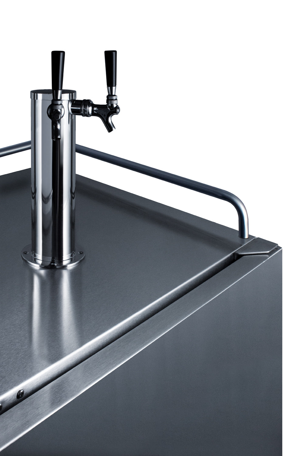 Stainless steel built-in wine kegerator with dual black tap handles in beverage centers and appliances collection