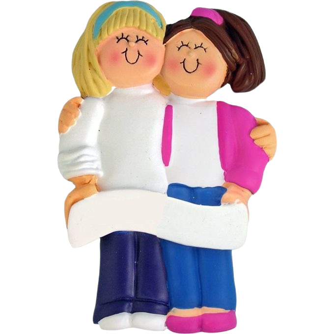 Personalized ornament showing blonde and brunette friends hugging, ideal for Christmas Ornaments & Tree Decorations collection